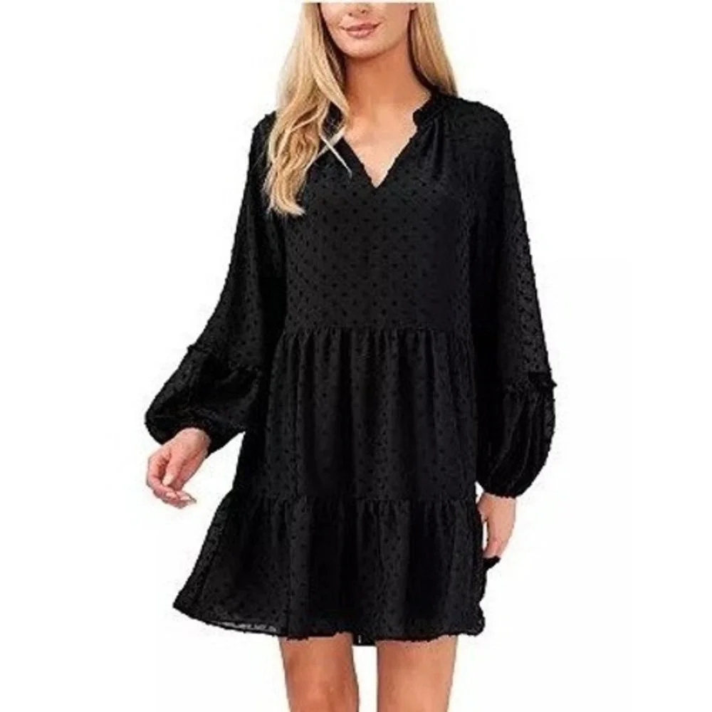 CeCe‎ Babydoll Dress Women Medium Black Clip Dot Tiered Ruffle Boho Whimsigoth